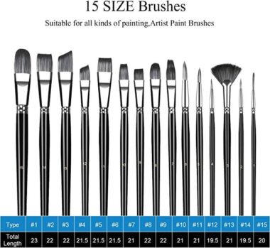 15-Piece Professional Artist Paint Brush Set with Nylon Bristles and Wood Handles