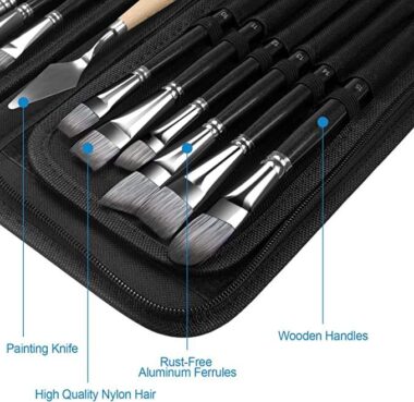 15-Piece Professional Artist Paint Brush Set with Nylon Bristles and Wood Handles